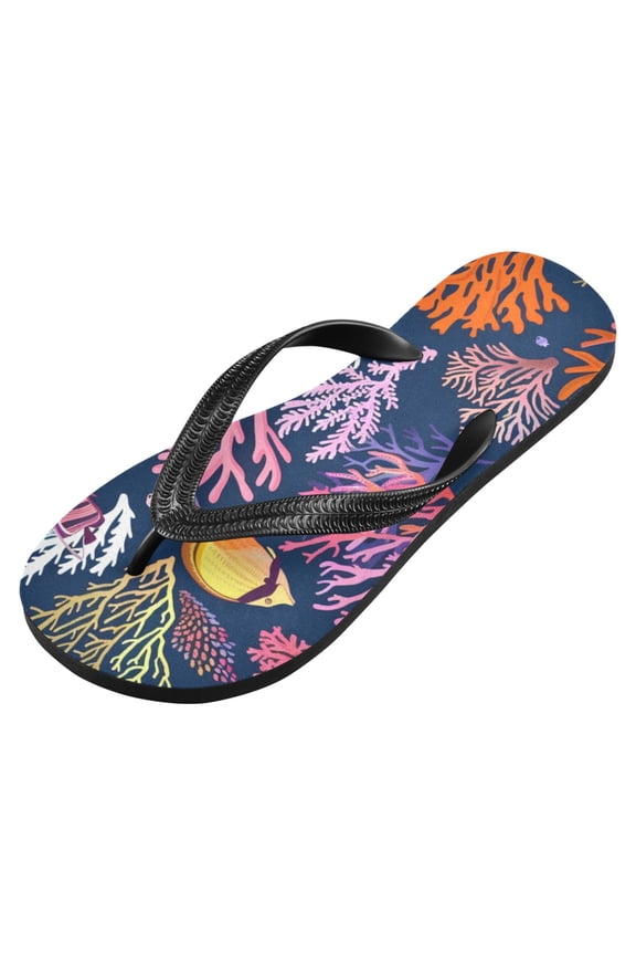 Unisex Flip Flops for Men Women Non-Slip Comfortable Lightweight Beach Thong Sandals, Tropical Coral and Fish