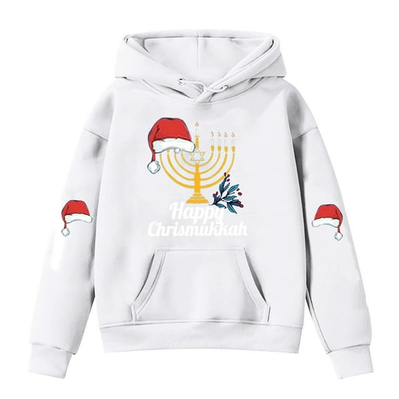WEIYLL Boy's Hoodies Christmas Hanukkah Menorah Print Warm White Going Out Fall Tops for 13-14 Years