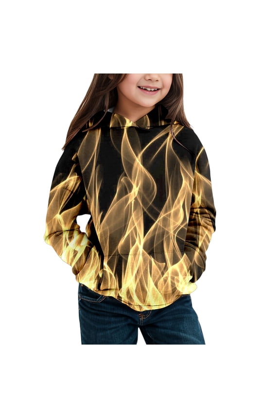 Boys Hoodies And Sweatshirts Children's Long Sleeved Fire Print Pocket Gold Athletic Fall Tops for 5-6 Years