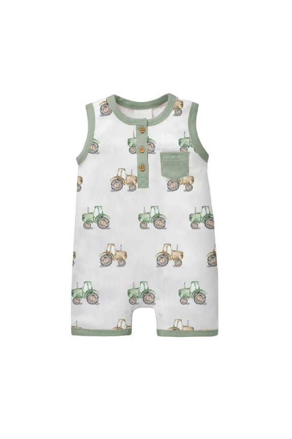 Boys Romper Sleeveless Cartoon Prints Vest Crew Neck Button Summer Pocket Light Green Baby Overalls for 12-18 Months