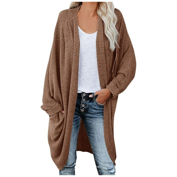 WEIYLL Cardigan Sweaters for Women Kimono Long Sleeve Open Front Cable Knit Brown Ladies Fall Tops And Blouses ,XL