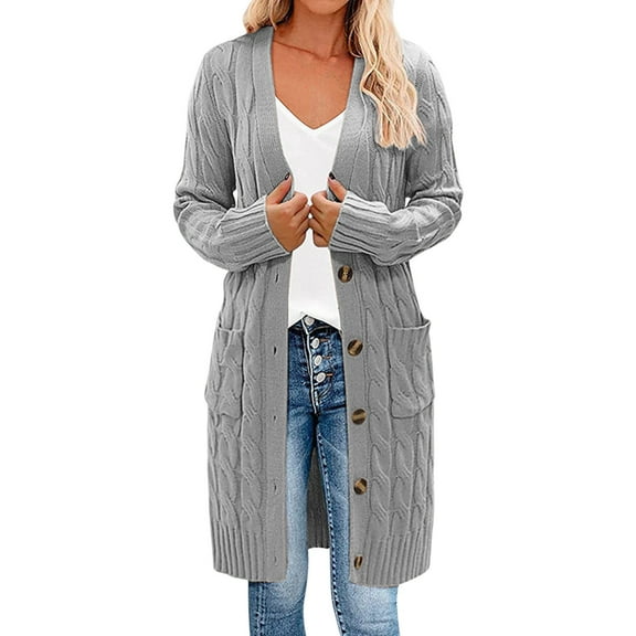 WEIYLL Cardigan Sweaters for Women New Long Fried Dough Twist Solid Button Pocket Grey Ladies Fall Tops And Blouses ,XL