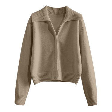 WEIYLL Cardigan for Women Solid Color Lapel Knit High Grade Short Style Zipper Khaki Trendy Fall Tops ,One Size