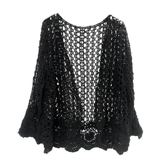 WEIYLL Cardigans for Women Trendy Summer Long Sleeve Out Knit Floral Cover Up Open Front Mesh Beach Black Ladies Fall Tops And Blouses ,One Size