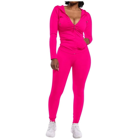 WEIYLL Fall Outfits Sets for Women Winter Solid Color Sports Two Piece Hot Pink Fall Activewear Suits ,size XL