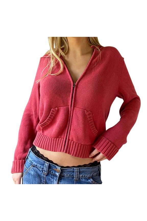 Fleece Jacket Women Zip Up Long Sleeve Ribbed Knit Cropped Hoodie Sweater Pullover Red Fall Tops Size L