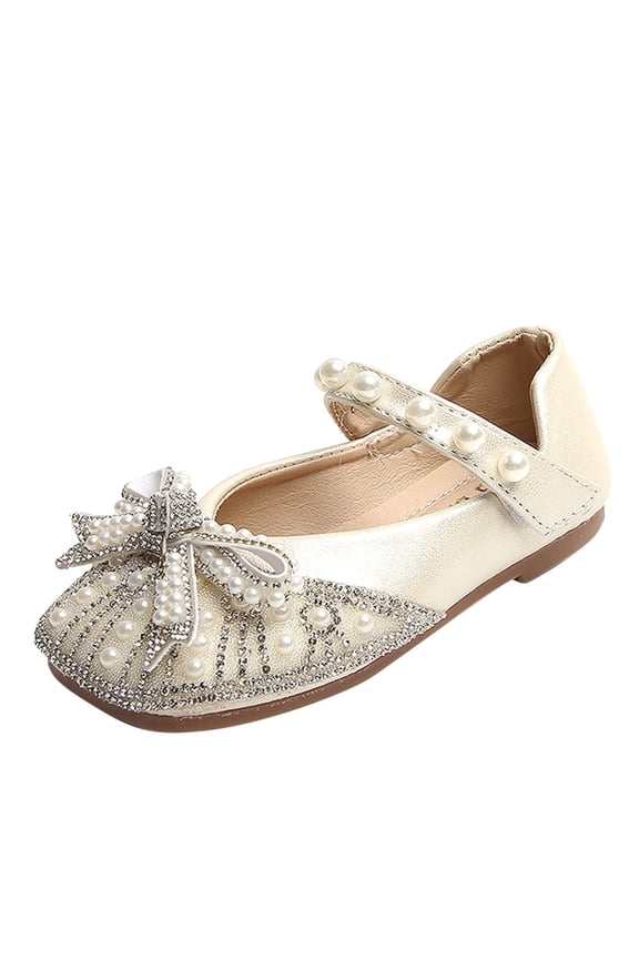 Girl's Boots Casual Shiny Pearl Rhinestone Bow Dress Dance Beige Toddler Fall Shoes for 18-24 Months