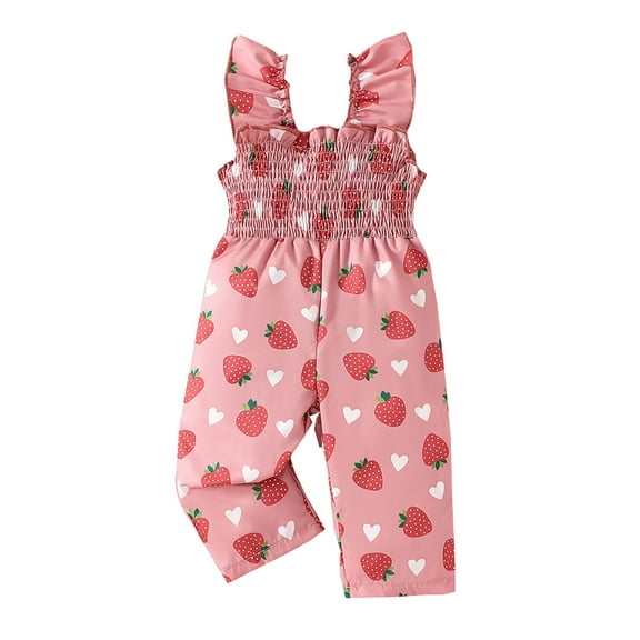 WEIYLL Girl's Jumpsuits Ruffles Sleeveless Cartoon Fruit Strawberry Prints Summer Pink Toddler Overalls for 6-12 Months