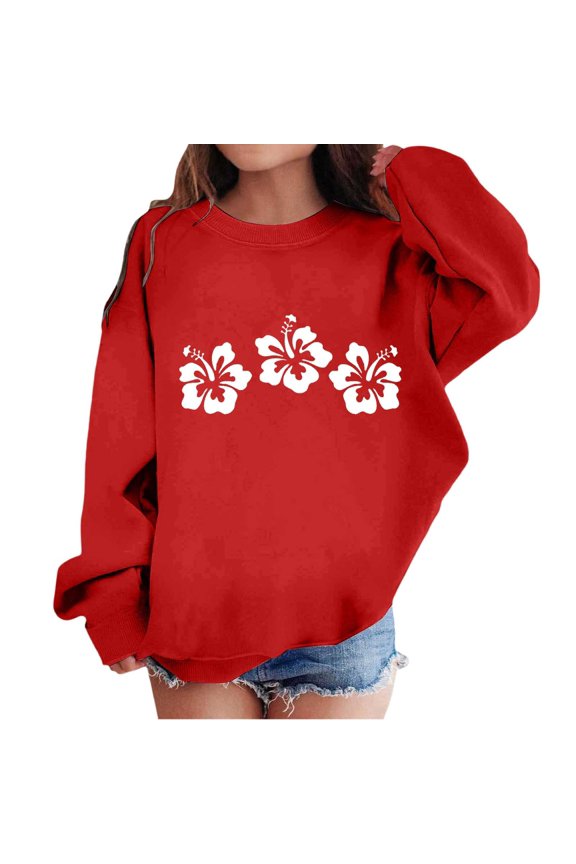 Girls Hoodies And Sweatshirts Kids Flower Print Crew Neck Pullover Shirt Red Cold Weather Sweaters 5-6 Years