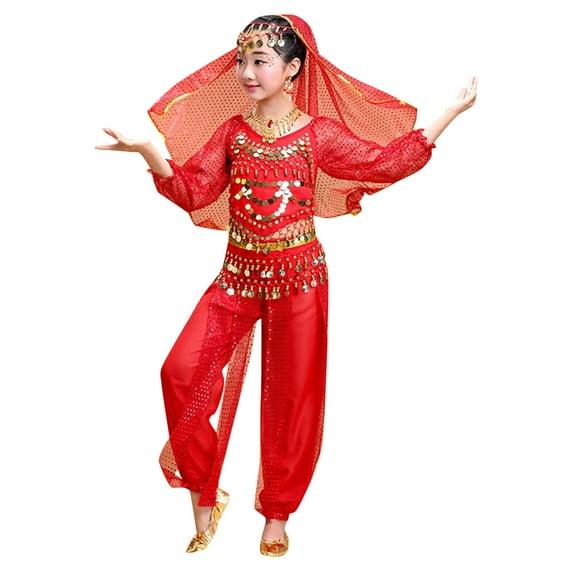 WEIYLL Girls Outfit Sets Summer Crew Neck Long Sleeve Print Belly Dance Performance Clothes Suit 5 PCS for 5-6 Years