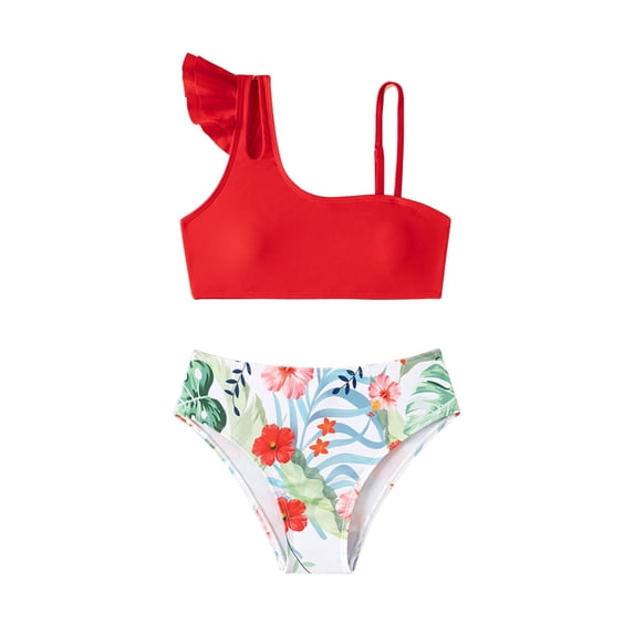 WEIYLL Girls Swimsuits Sport One Shoulder Ruffles Bikinis Triangle Briefs Kids Swimwear 2 Pcs for 7-8 Years