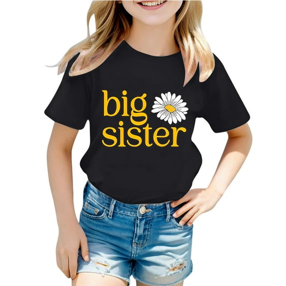 WEIYLL Girls T Shirts Casual Letter Big Sister Flower Round Neck Short Sleeved Kids Clothing for 12-13 Years