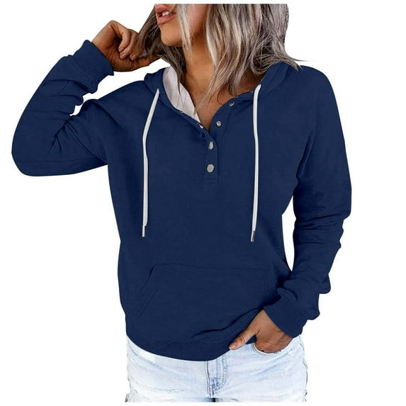 WEIYLL Hoodies Women Street Style Solid Color Button Collar Pocket Drawstring Sports Dark Blue Graphic Fall Sweatshirts (size L )
