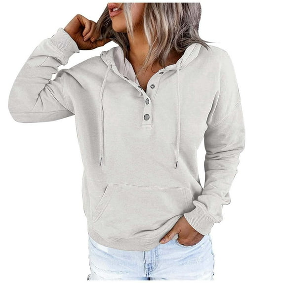 WEIYLL Hoodies Women Street Style Solid Color Button Collar Pocket Drawstring Sports White Women's Cold Weather Sweaters (size XL )