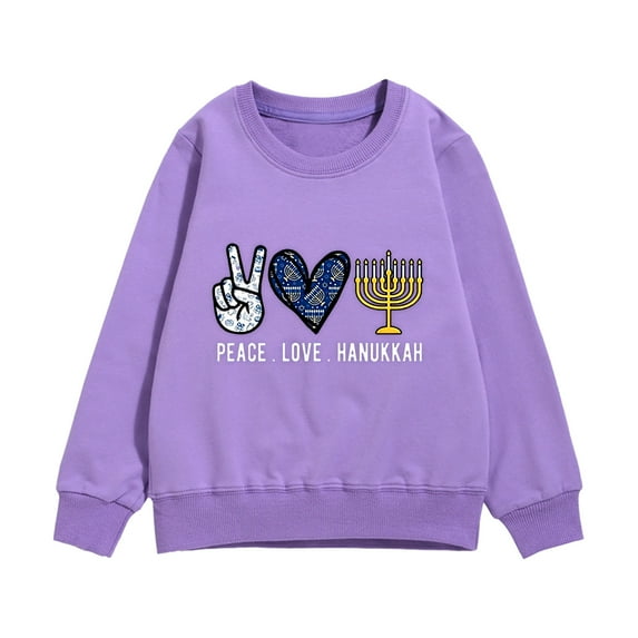 WEIYLL Hoodies for Girls Hanukkah Menorah Print Warm Crewneck Long Sleeve Purple Winter Clothing for 8-10 Years