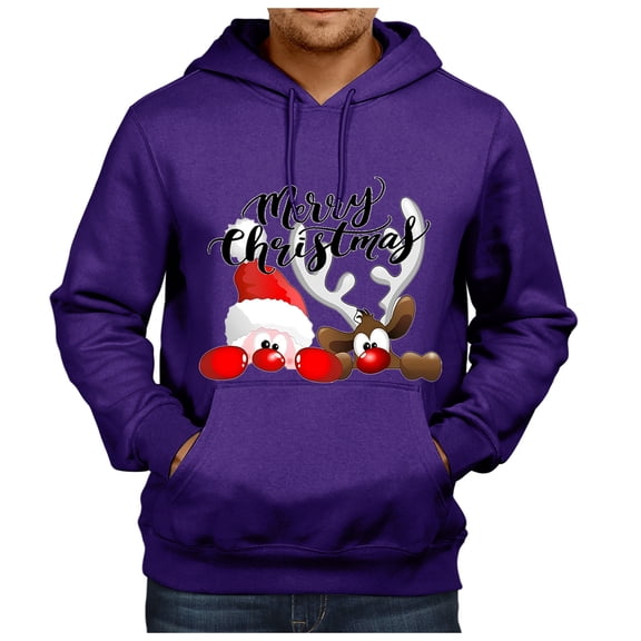WEIYLL Hoodies for Men Christmas Glasses With Santa Hats Pullover Dark Purple Graphic Fall Sweatshirts size L