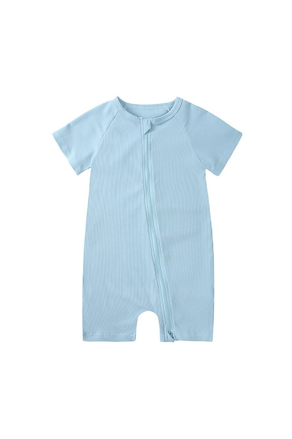 Pjs for Boys Solid Color Zipper Short Sleeve Sleeper Crew Neck Shorts Summer Blue Baby Bodysuits for 2-3 Years