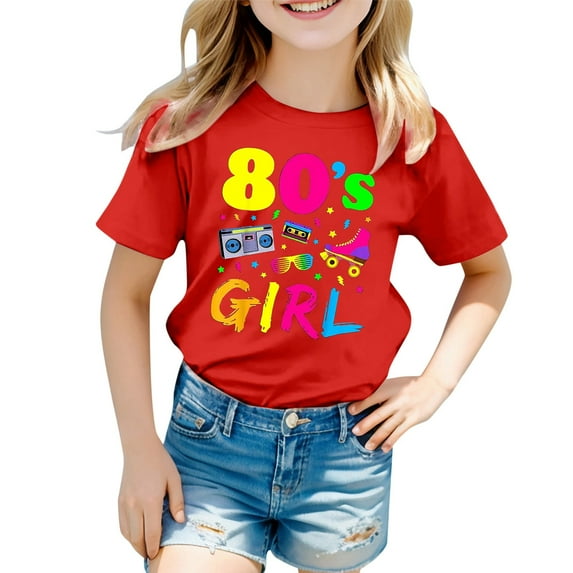 WEIYLL T Shirts For Girls 80S Carnival Colour Letter Printed Round Neck Short Sleeved Kids Clothing for 8-9 Years