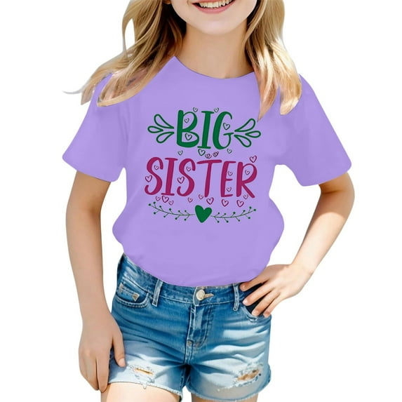 WEIYLL T Shirts For Girls Casual Big Sister Letter Round Neck Short Sleeved Kids Clothing for 3-4 Years