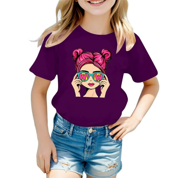 WEIYLL T Shirts for Girl Cute Cartoon Print Crew Neck Short Sleeve Summer Casual Activewear Tops for 7-8 Years