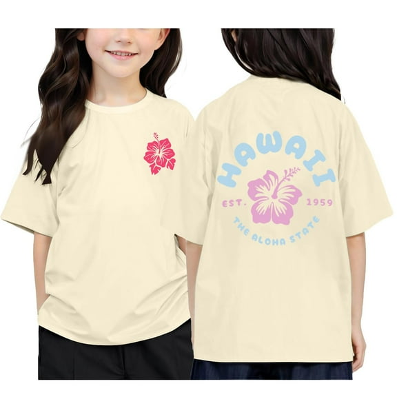 WEIYLL T Shirts for Girls Hawaii Letter Printed Round Neck Short Sleeved Beach Holiday Kids Clothing for 3-4 Years