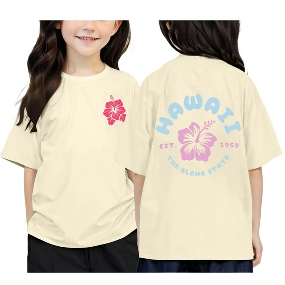 WEIYLL T Shirts for Girls Hawaii Letter Printed Round Neck Short Sleeved Beach Holiday Kids Clothing for 3-4 Years