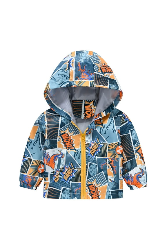 Toddler Boys Girls Cartoon Prints Casual Light Coat Hooded Jacket Windproof Zipper Outwear for 12-18 Months