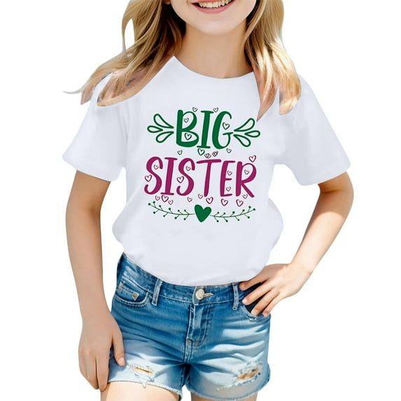 WEIYLL Toddler Girls Graphic Tees T Shirts Casual Big Sister Letter Round Neck Short Sleeved Kids Clothing for 10-12 Years