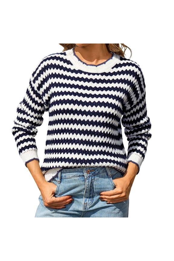 Tops for Women Trendy Minimalist Striped Sweater European Long Sleeve Knit All Seasons Blue Ladies Fall Tops ,M