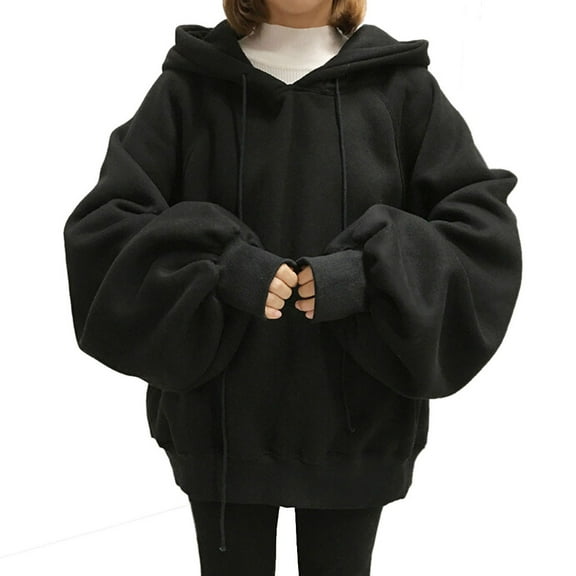 WEIYLL Women Hoodies Loose Solid Color Lantern Sleeves Sweater Crop Black Fall Tops L