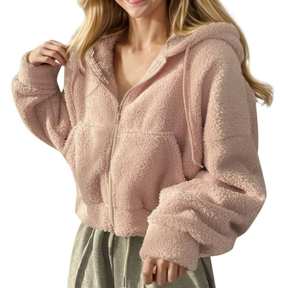WEIYLL Women Hoodies Warm Plush Short Elastic Zipper Pink Women's Cold Weather Sweaters (size XL )