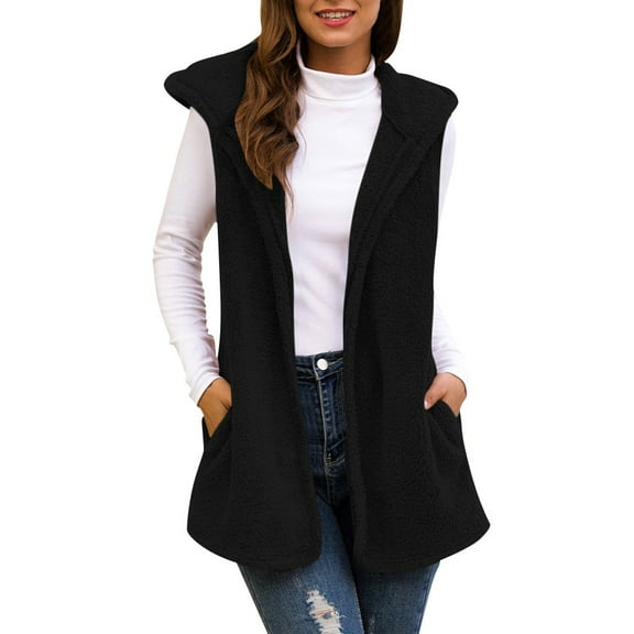 WEIYLL Women's Cardigans Hooded Fluffly Vintage Shaggy Vest Jacket Long Black Cold Weather Sweaters ,L