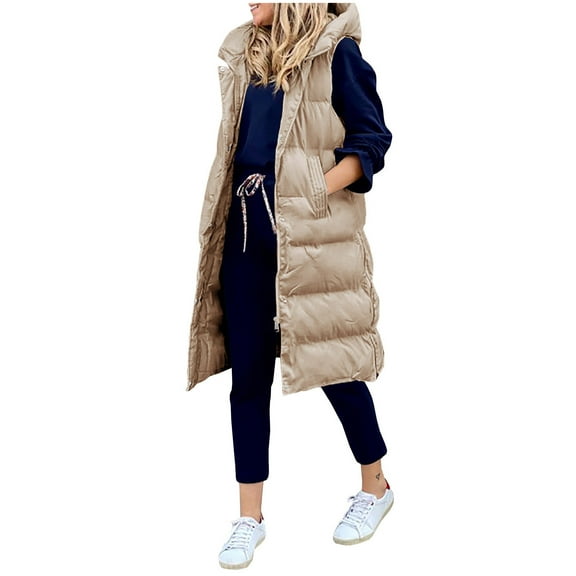 WEIYLL Women's Cardigans Long Vest Hood Sleeveless Warm Down Pockets Jacket Quilted Khaki Winter Clothes ,M