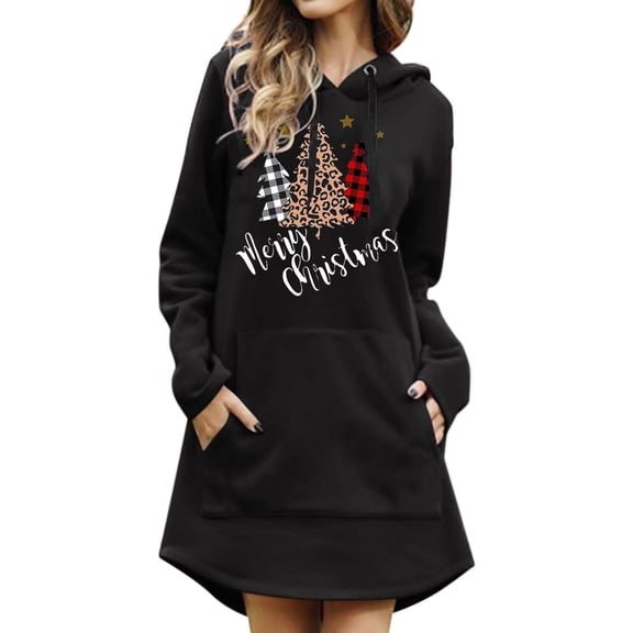 WEIYLL Women's Christmas Hoodies Festive Print Hooded Dress Long Sleeve Pocket Front Pullover Holiday Black Cold Weather Sweaters M