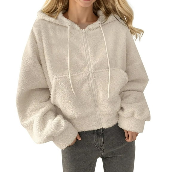 WEIYLL Women's Fashion Hoodies & Sweatshirts Warm Plush Short Elastic Zipper Beige Going Out Fall Tops (size M )