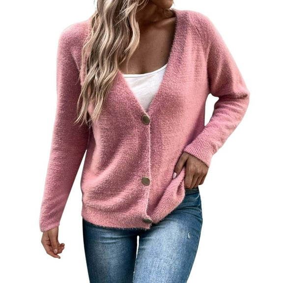 WEIYLL Womens Cardigan Sweaters Simple Solid Color Long Sleeve Button Pink Winter Clothing ,XL
