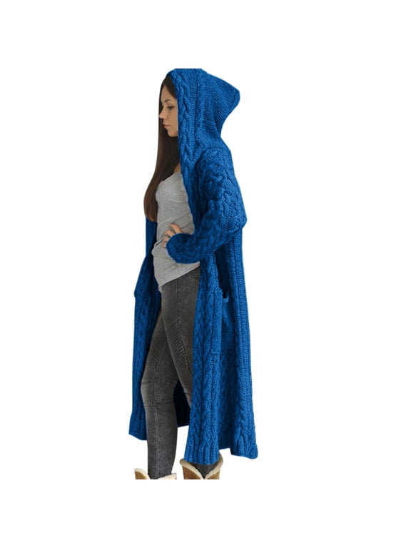 Womens Cardigan Sweaters Solid Knitted Loose Hooded Long Pocket Warm Blue Winter Coats ,3XL