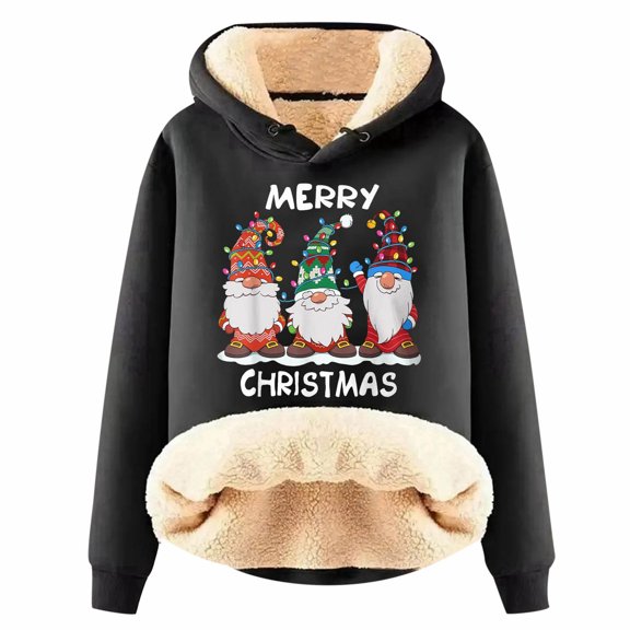 WEIYLL Womens Christmas Hoodies Lamb Cartoon Print Drawstring Thickened Black Fall Sweatshirts M