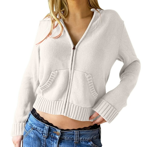 WEIYLL Womens Fleece Jacket Zip Up Long Sleeve Ribbed Knit Cropped Hoodie Sweater Pullover White Ladies Fall Tops And Blouses Size L