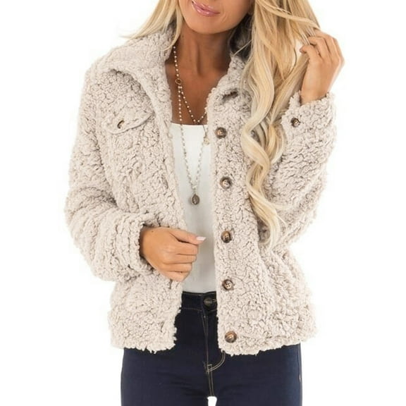WEIYLL Womens Jackets Lamb Wool Short Cardigan Solid Color Button Down Collar Khaki Going Out Fall Tops Size 2XL