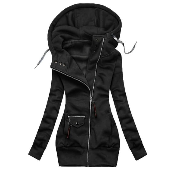 WEIYLL Womens Jackets Solid Stitching Drawstring Hooded Slim Fashion Outwear Black Fall Clothing Size 5XL