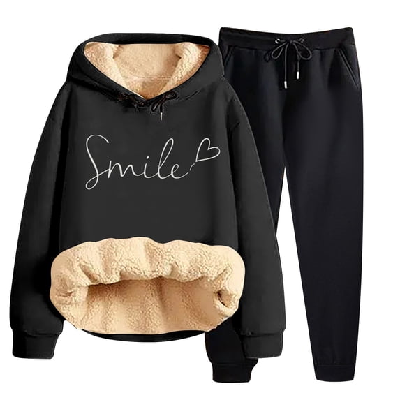 WEIYLL Womens Outfit Sets Winter Thickened Solid Color Cardigan Hooded Jacket Pants Two Piece Black Fall Outfit Suit ,size XL