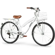 WEIZE Beach Cruiser Bike 26 inch Commuter Bicycle 7 Speed City Bike for Adult Men Women Off-Road Cycling Bicycle with Front Basket Rear Rack, White