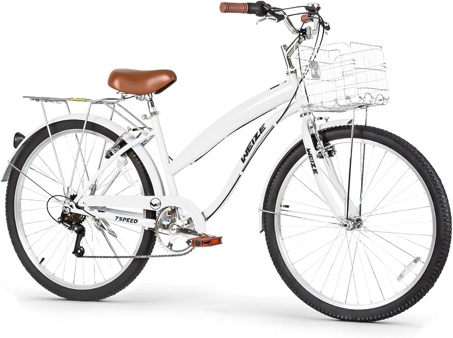 WEIZE Beach Cruiser Bike 26 inch Commuter Bicycle 7 Speed City Bike for Adult Men Women Off-Road Cycling Bicycle with Front Basket Rear Rack, White