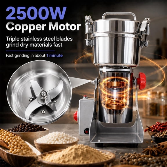 WEIZHUO 2500W Energy Efficient Spice Grinder,Fast Grinding Coffee Grinder Machine,Stainless Steel Electric Grain Mill Grinder with Timer for Spices Coffee Beans Grains