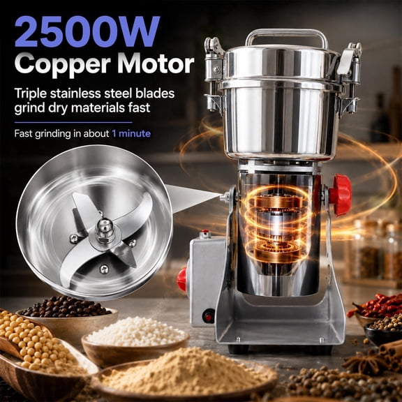 WEIZHUO 2500W Energy Efficient Spice Grinder,Fast Grinding Coffee Grinder Machine,Stainless Steel Electric Grain Mill Grinder with Timer for Spices Coffee Beans Grains