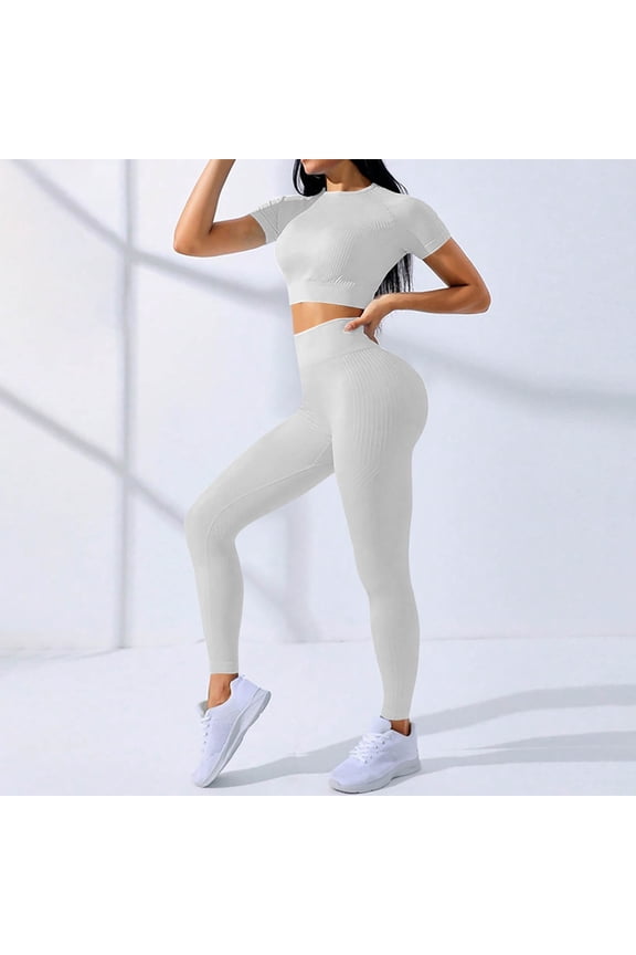 WWV 2 Piece Gym Sets for Women Women Workout Set Crewneck Short Sleeve Shirts Sets Elastic High Waist Leggings Suit Solid Fashion Slim Tracksuit Outdoor Athletic Sportswear Silver M