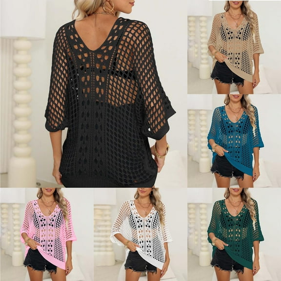 WEIee Beach Coverups for Women Cover up for Swimwear Women V-Neck Half Sleeve Hollow out Crochet Top Summer Solid Color Lightweight Shirt Loose Fit Birthday Party Blouses Black Free Size