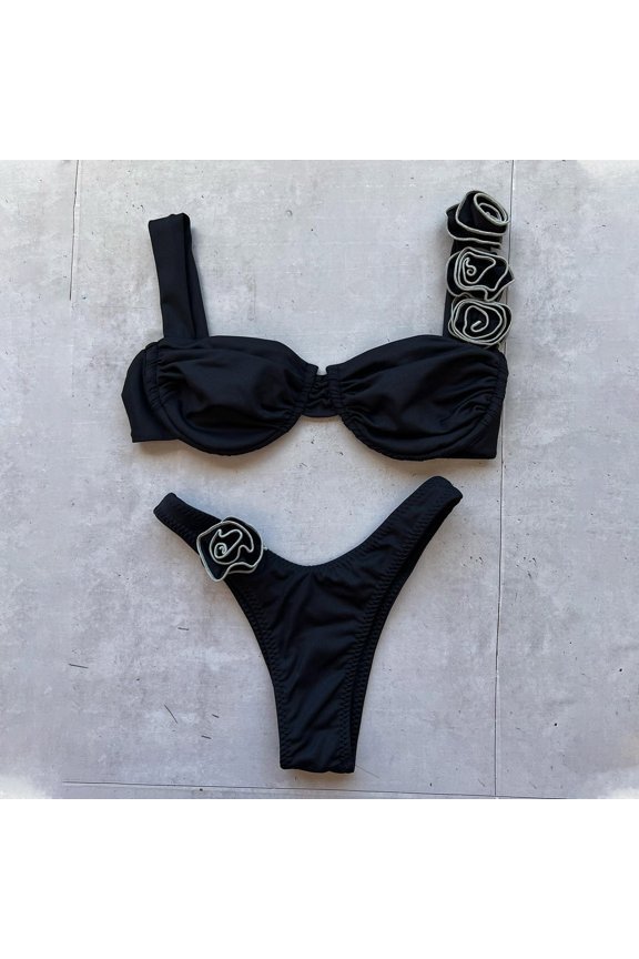 Bikini for Women 2 Piece Woman Bathing Suit Lace up Triangle Halter Sleeveless Split Bathing Suits Summer Solid Color Comfy Stylish Ladies Going out Swimwear Black XL