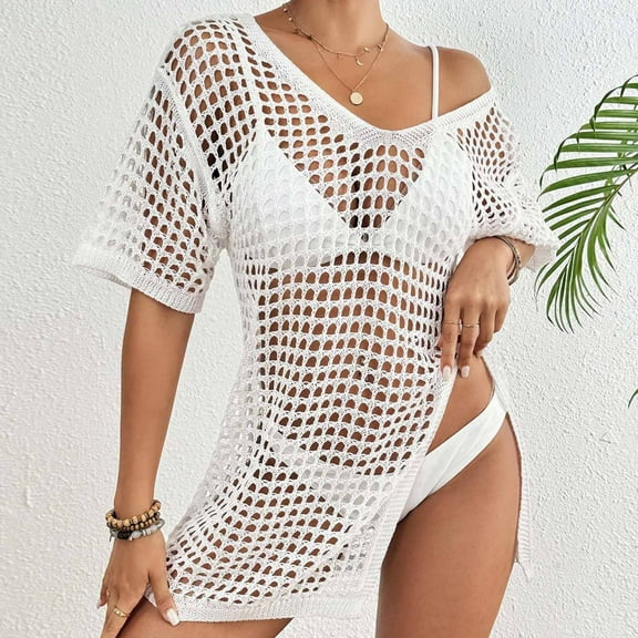 WEIee Coverups for Women Women's Swimwear Cover up V-Neck Short Sleeve Hollow out Split Fork Mesh Tops Bikini Summer Solid Color Lightweight Shirt Loose Fit Wedding Party Blouses White Free Size